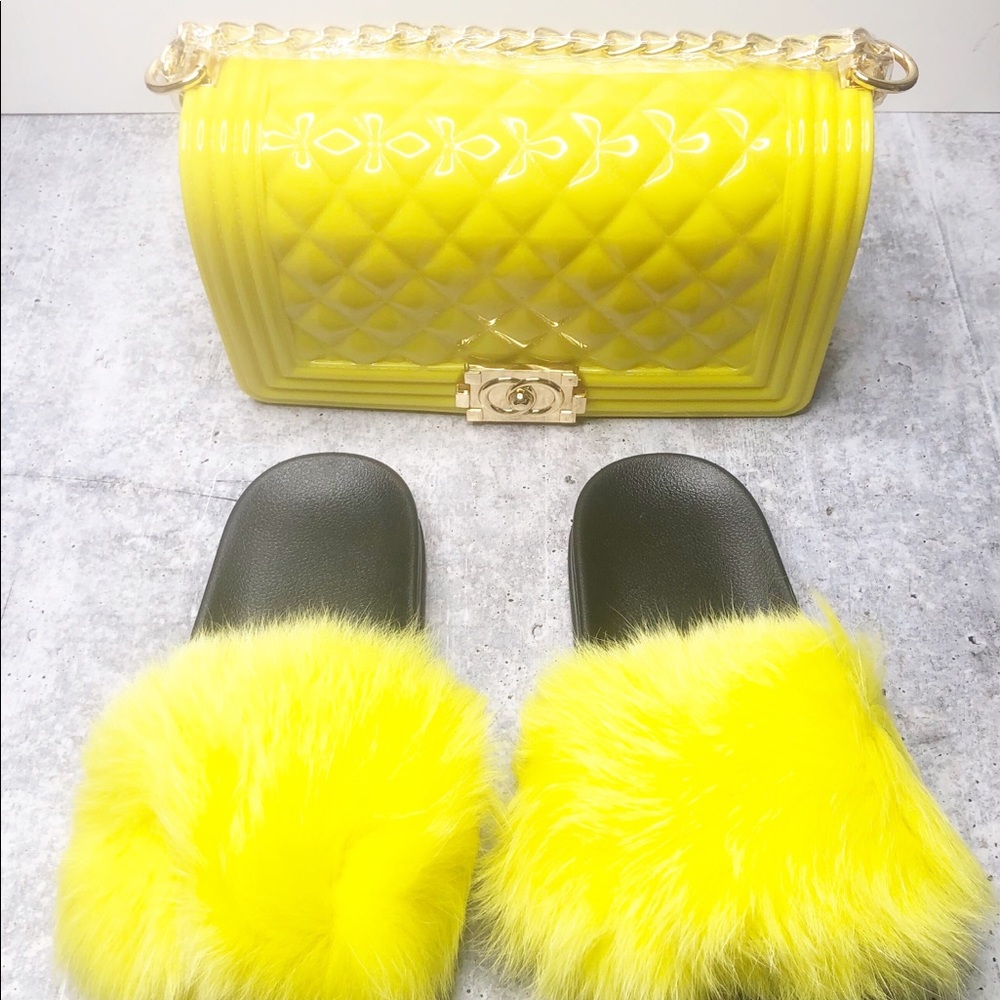 SOLD-Matching Jelly Purse Bag Faux Fur Slides Sz 8 - Picture 5 of 7